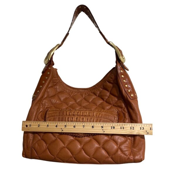 Chi Carlos Falchi Quilted Brown Leather Shoulder Bag Gold-Studded Strap Buckle - Picture 6 of 8